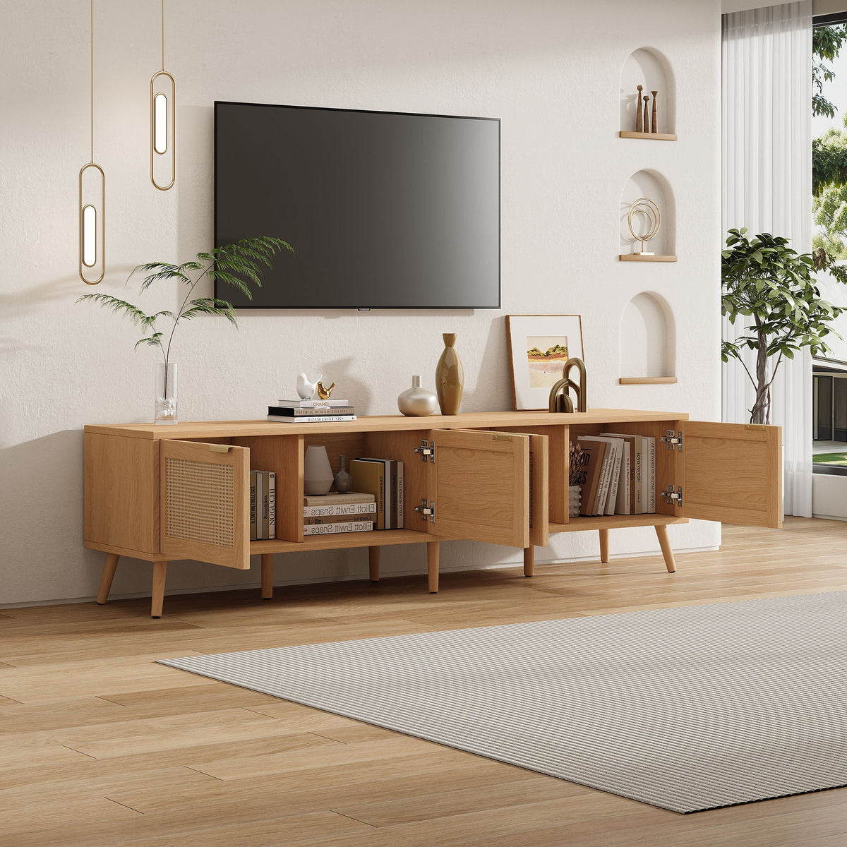 TV Stand With Storage & Cable Holes - Natural Wood