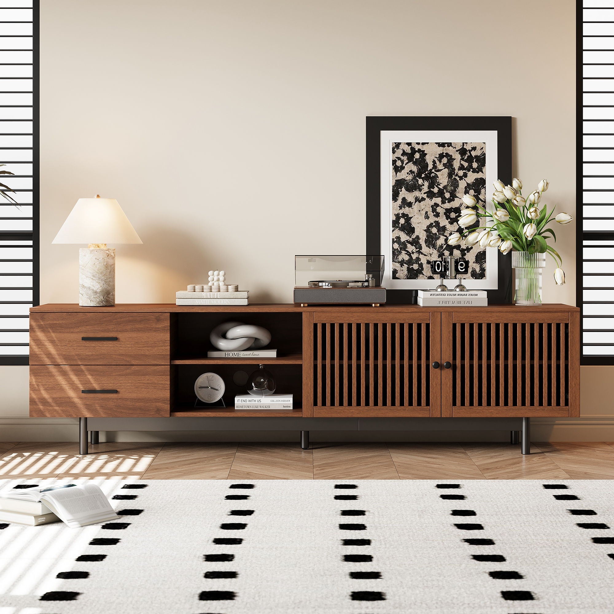 78" TV Stand For TVs Up To 85" Entertainment Center With Deep Drawers & Cable Management, Soft Closing Hinges - Walnut