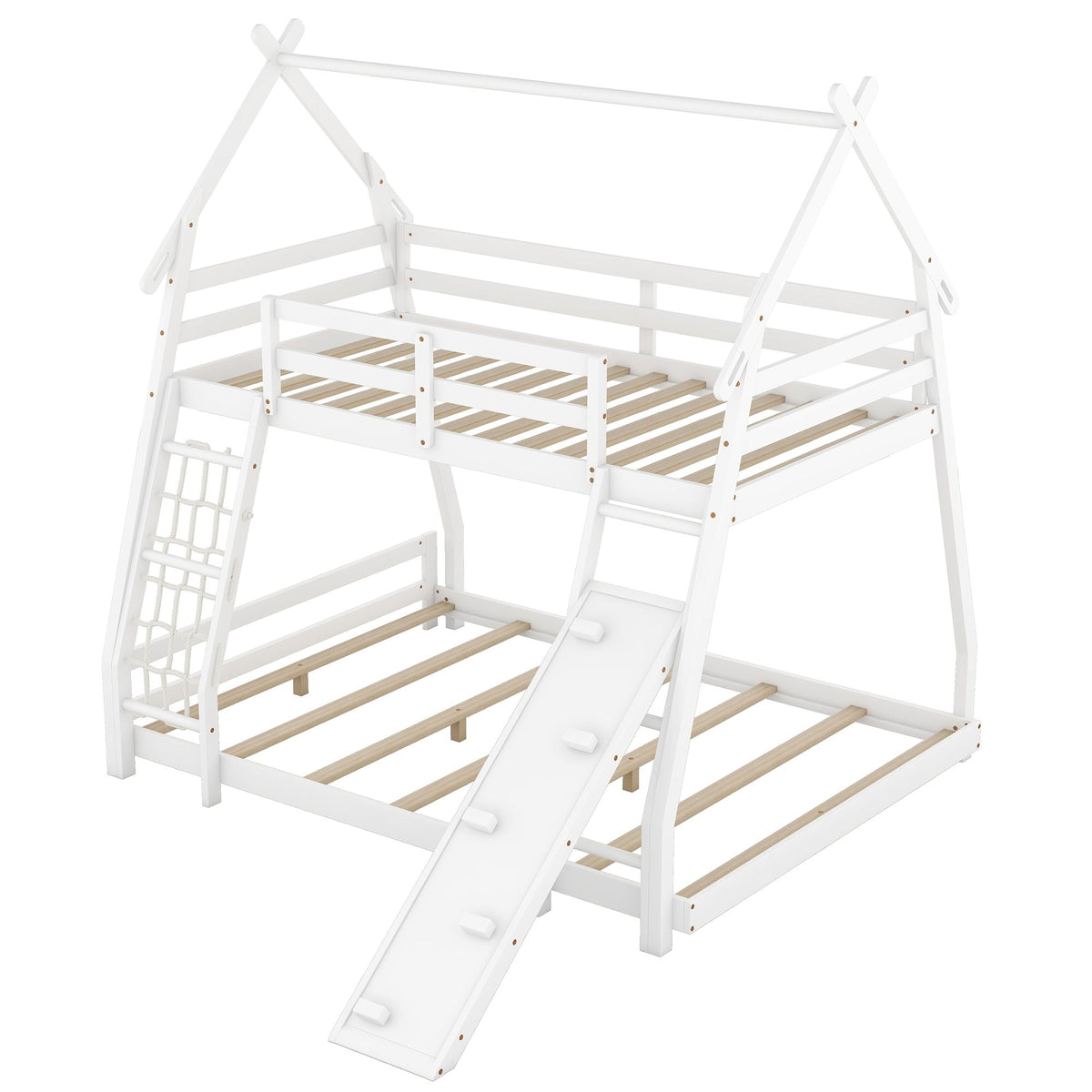 Georgiana - Twin Over Queen House Bunk Bed With Climbing Nets And Climbing Ramp