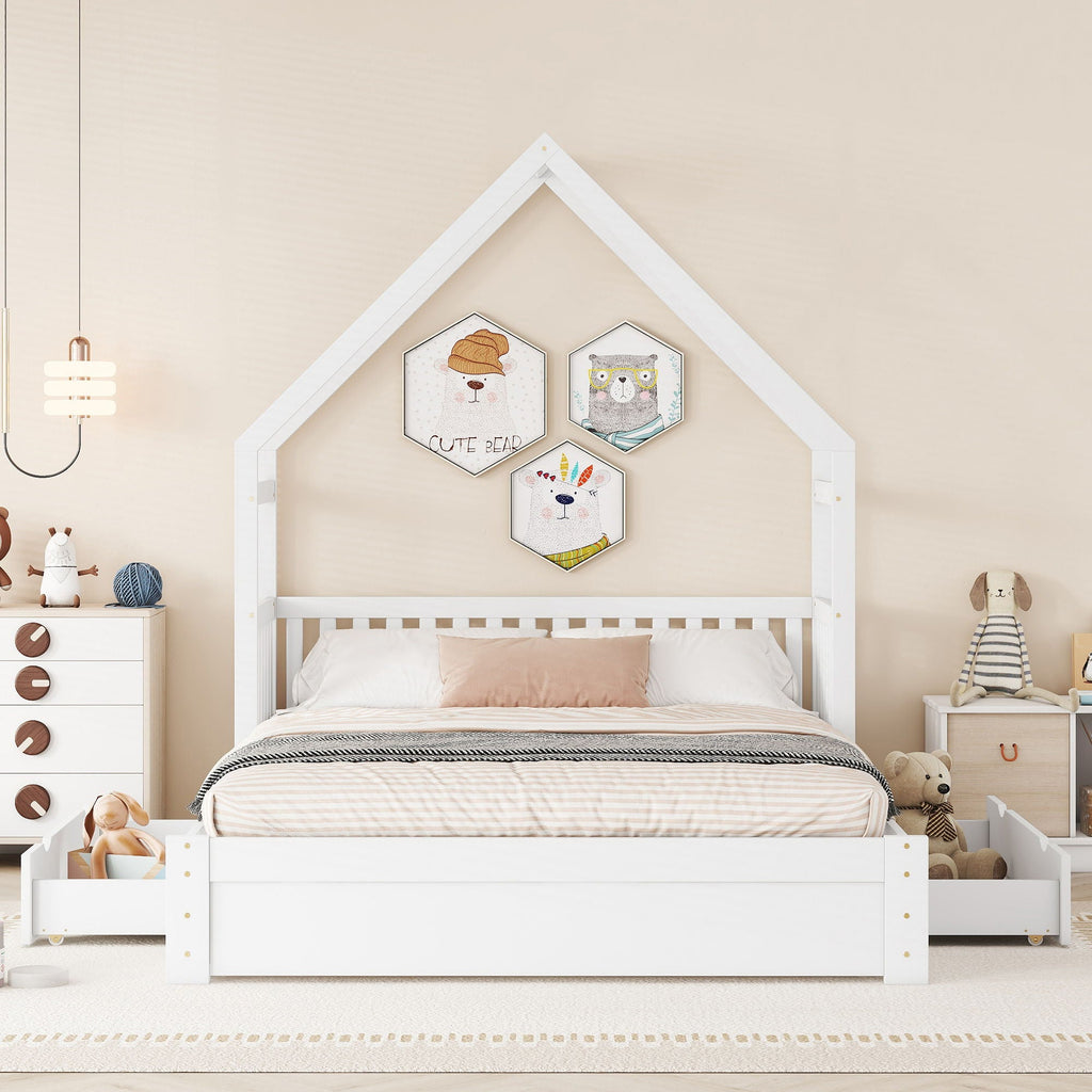 House Style Platform Bed With Guardrail And 2 Drawers
