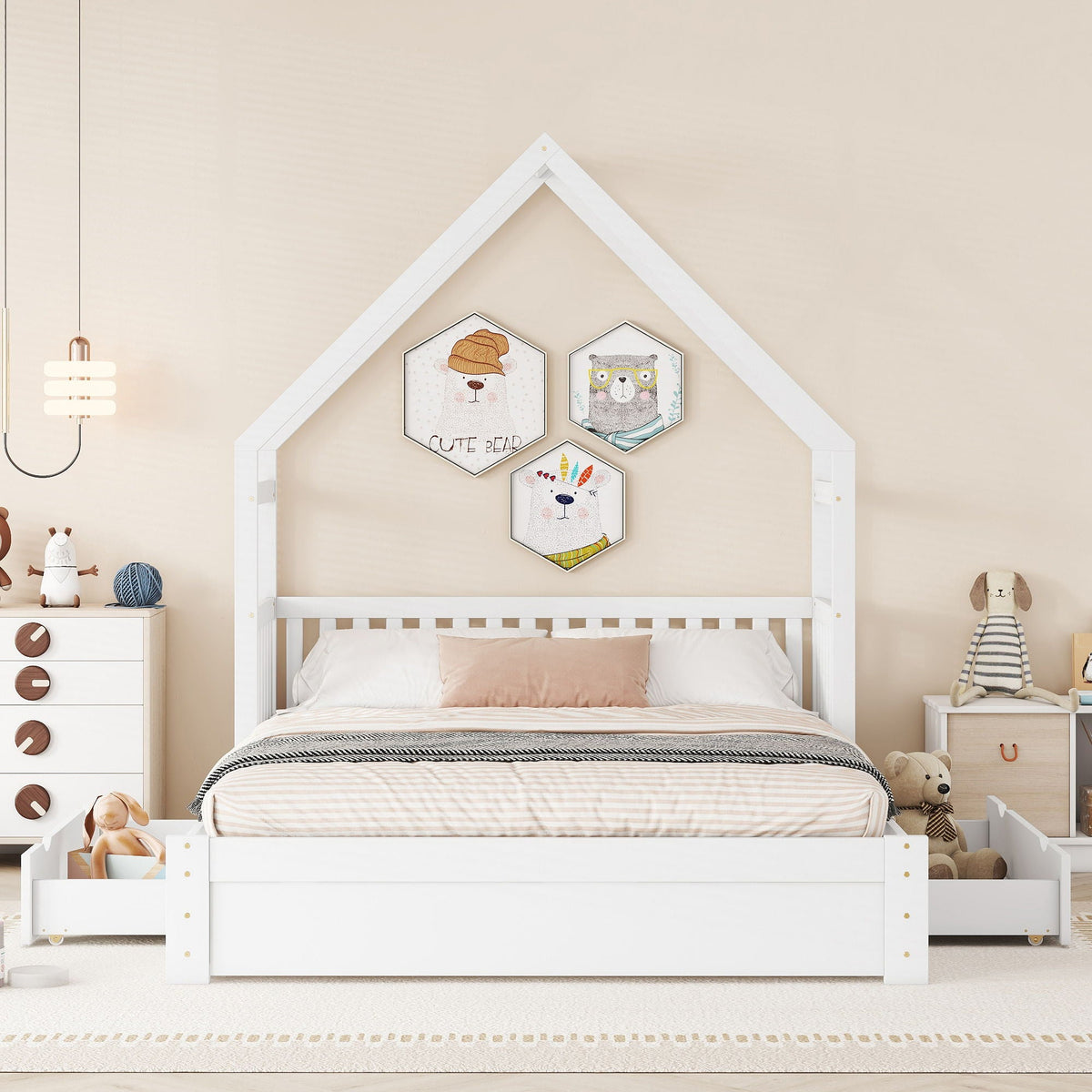 House Style Platform Bed With Guardrail And 2 Drawers