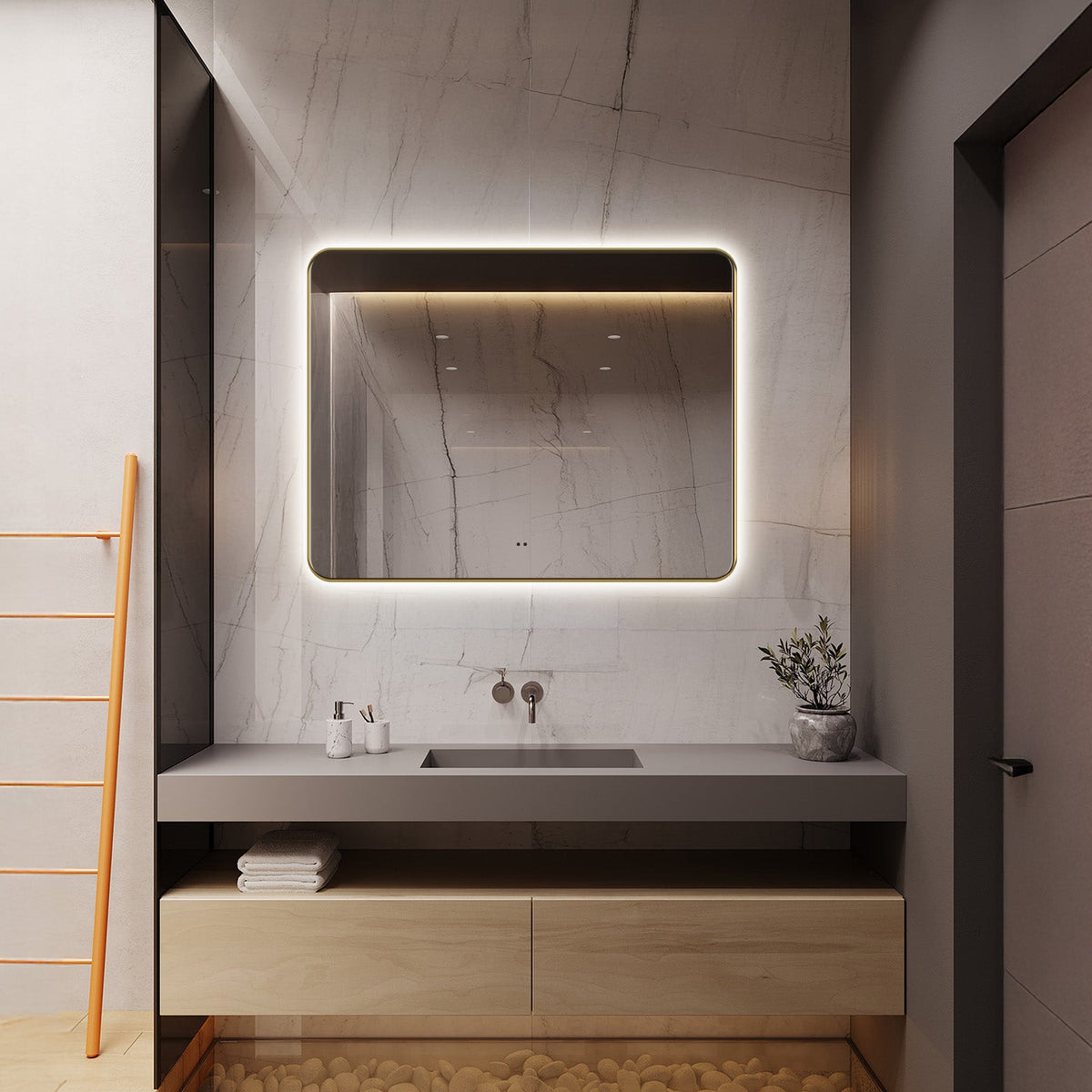 Delphinus II Brushed Gold LED Mirror – Anti-Fog, Dimmable