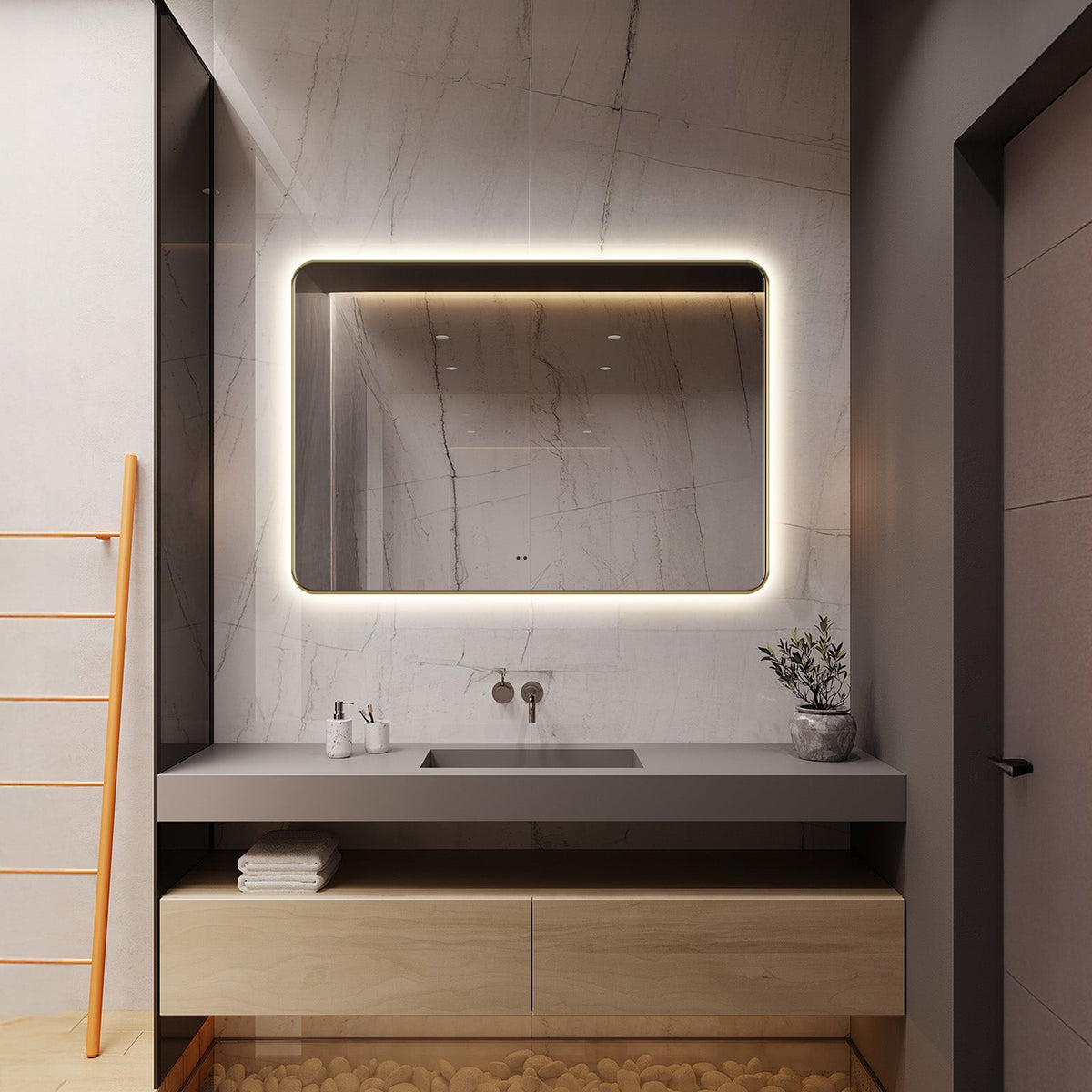 Delphinus II Brushed Gold LED Mirror – Anti-Fog, Dimmable