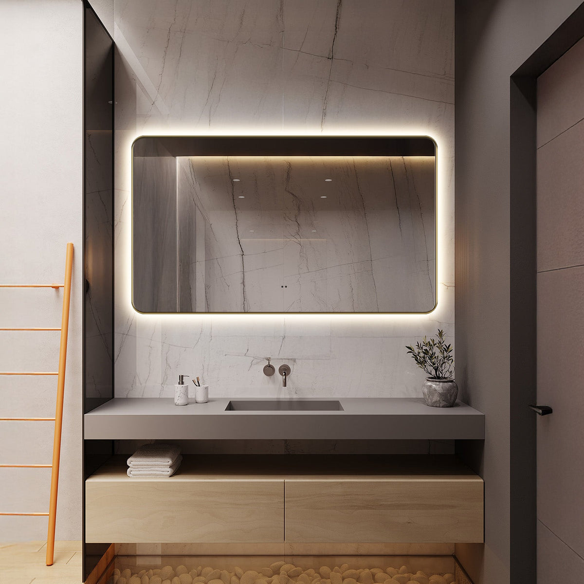 Delphinus II Brushed Gold LED Mirror – Anti-Fog, Dimmable