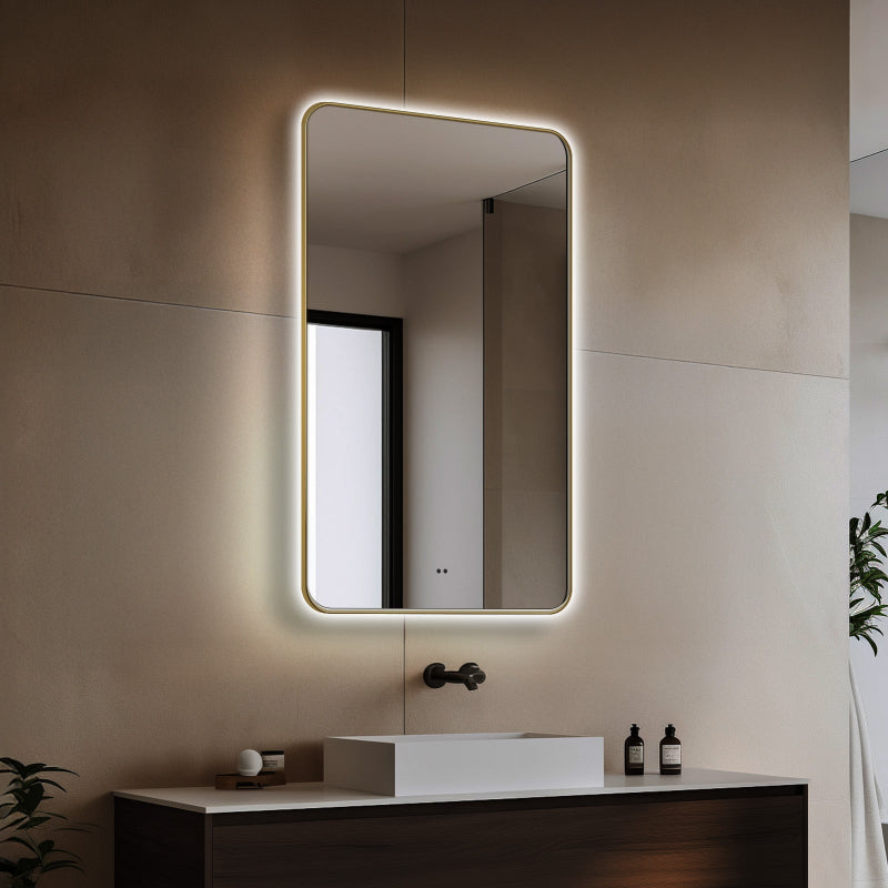 Delphinus II Brushed Gold LED Mirror – Anti-Fog, Dimmable