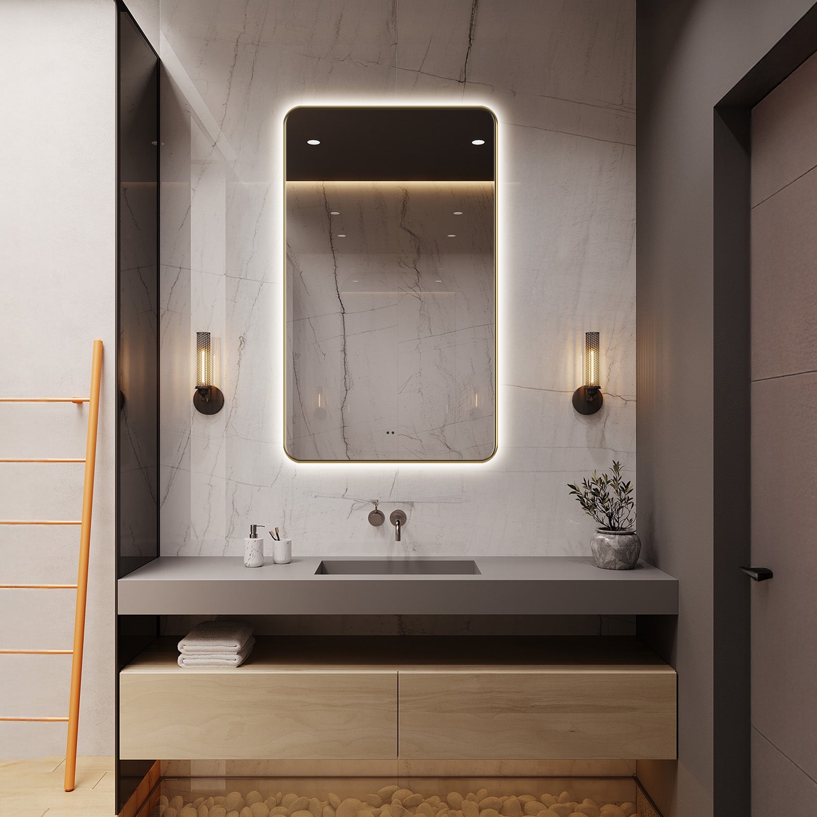Delphinus II Brushed Gold LED Mirror – Anti-Fog, Dimmable