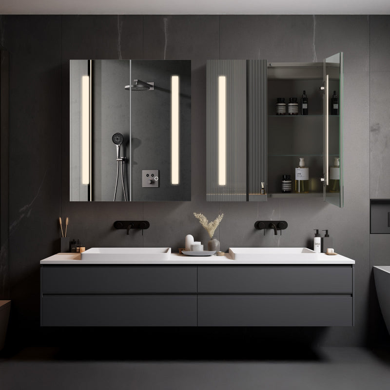 Mirrorons Medicine Cabinet with LED Lights, Rectangle, 28 x 24 Inch, Defogger, 3-Color Mode, Dimmer, Silver Gray