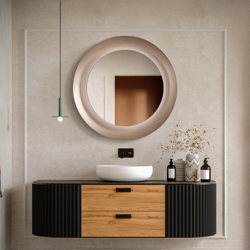 Polaris Round LED Bathroom Mirror, Modern Design, Brushed Rose Gold, Tri-Color Adjustable, Stepless Dimming, Anti-Fog