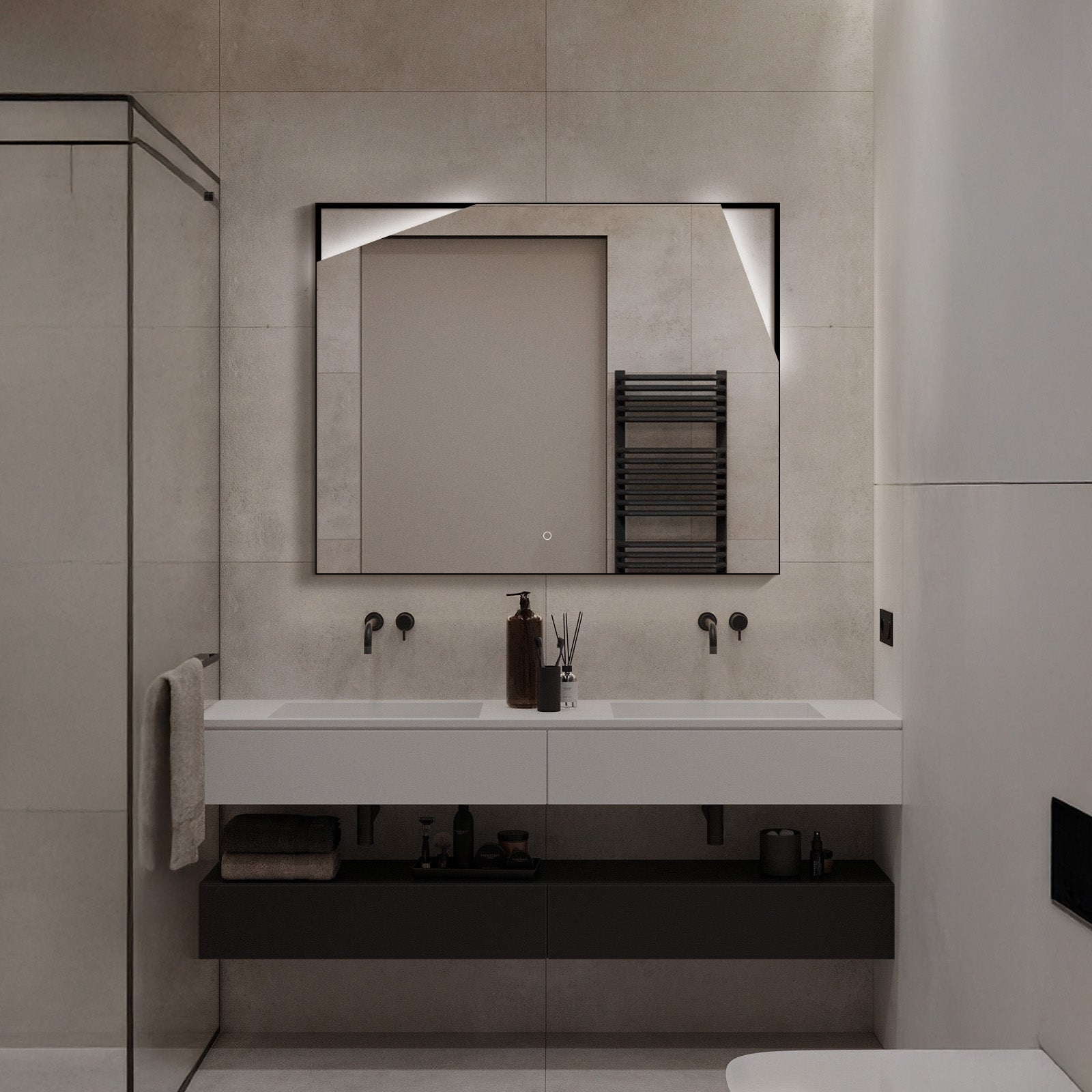 WhimsMirror LED Lighted Mirror with Touch Switch, Irregular Cutout Design, Modern Rectangular LED Bathroom Mirror, Matte Black