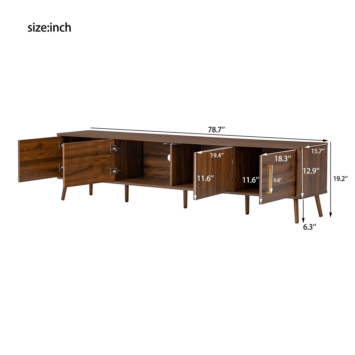 TV Stand For TVs Up To 85" With Fluted Door, Cable Management, Soft-Closing Hinges - Walnut