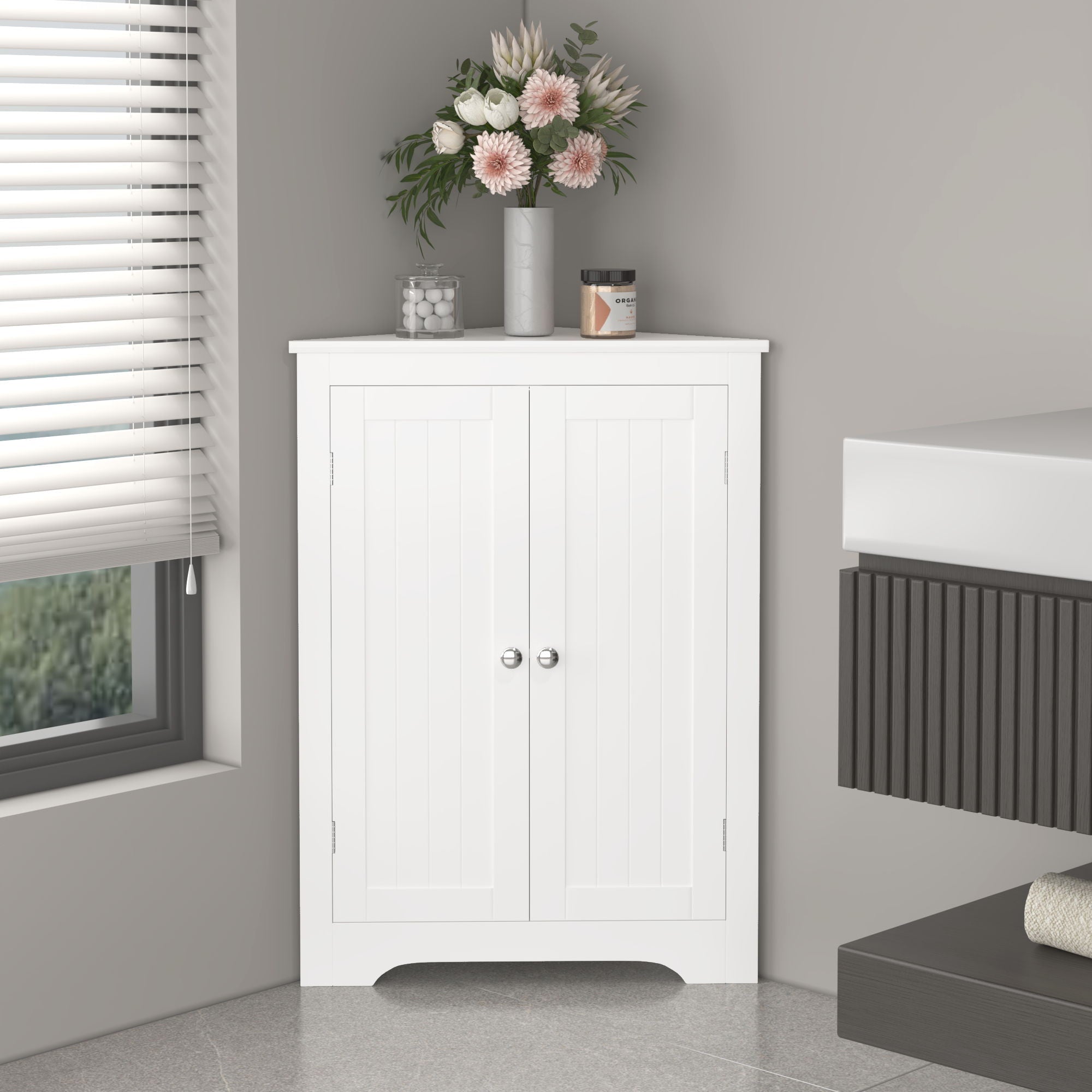 Corner Cabinet With 2 Doors And Adjustable Shelves, Freestanding Narrow Storage Organizer For Bathroom - White