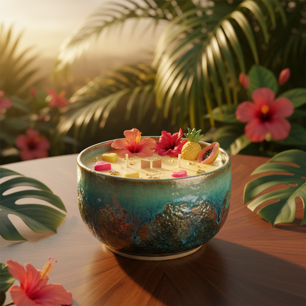 Tropical Temptation candle in handcrafted vessel with wax hearts, tropical setting