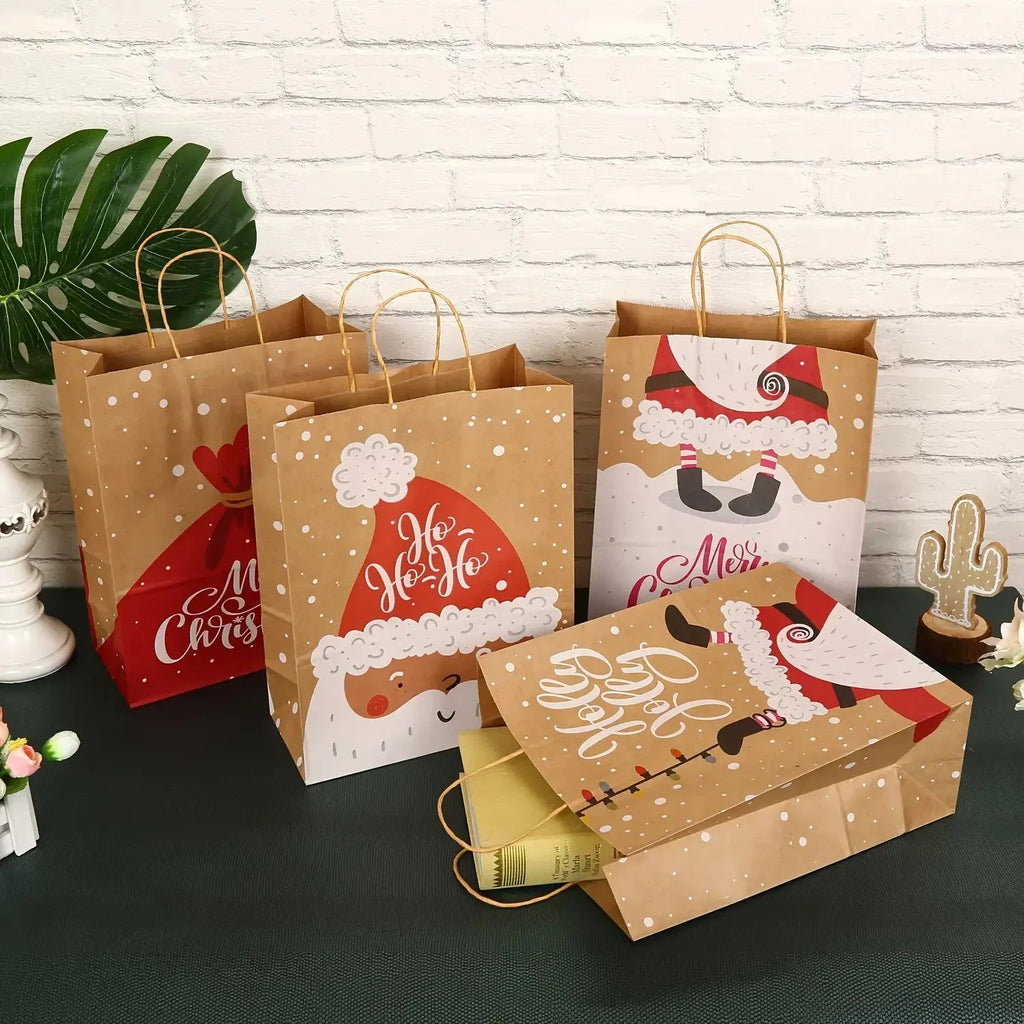 Kraft Paper Tote Bags with Handles - Assorted Holiday Designs
