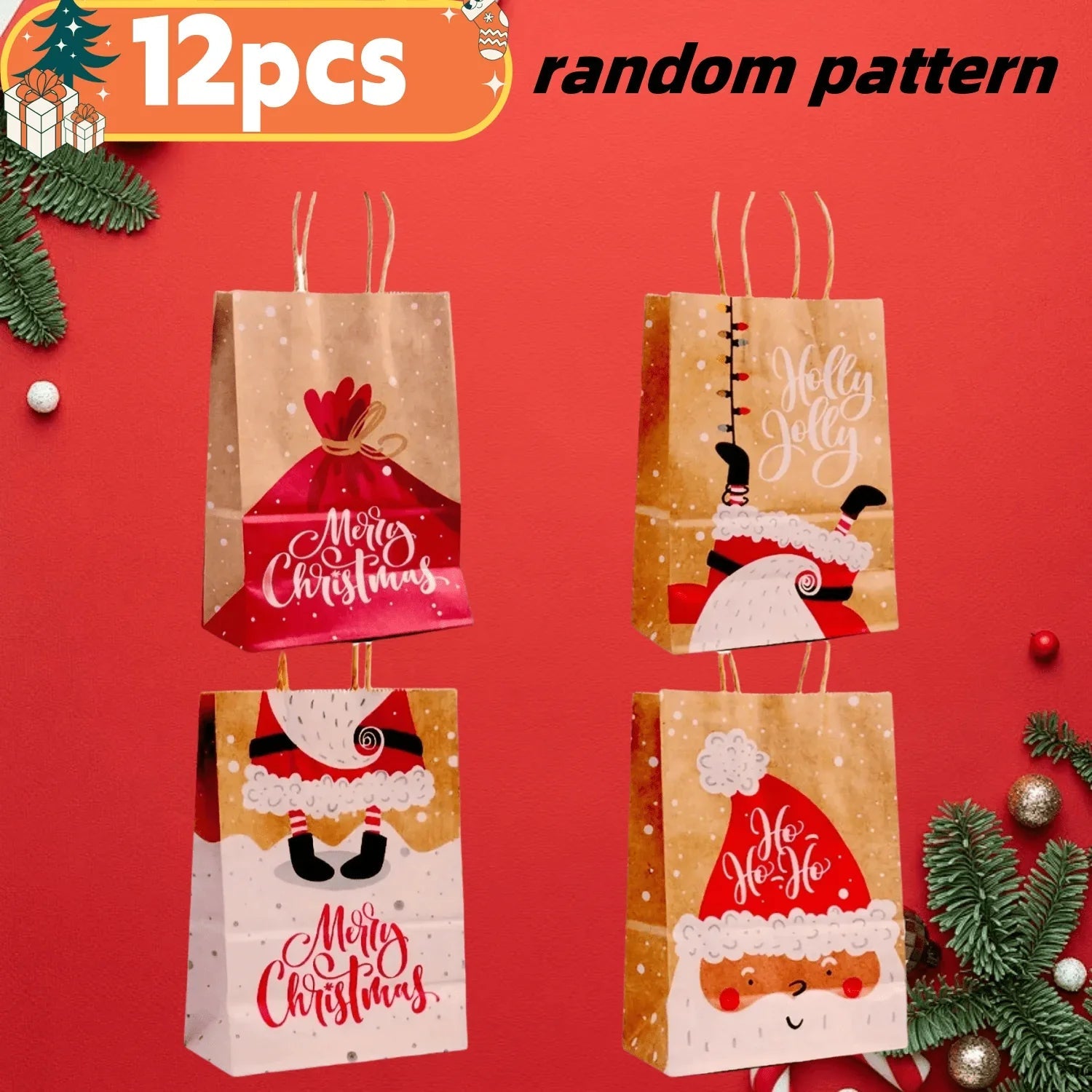 Kraft Paper Tote Bags with Handles - Assorted Holiday Designs